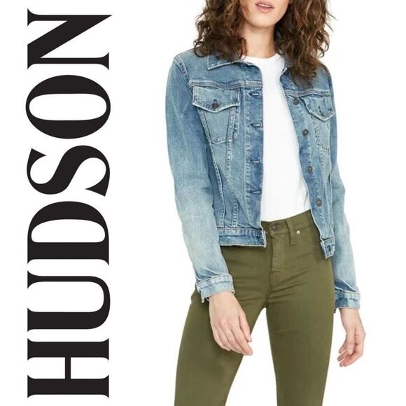 HUDSON Classic Fitted Trucker Jacket Distressed Denim Size Small - Picture 1 of 11